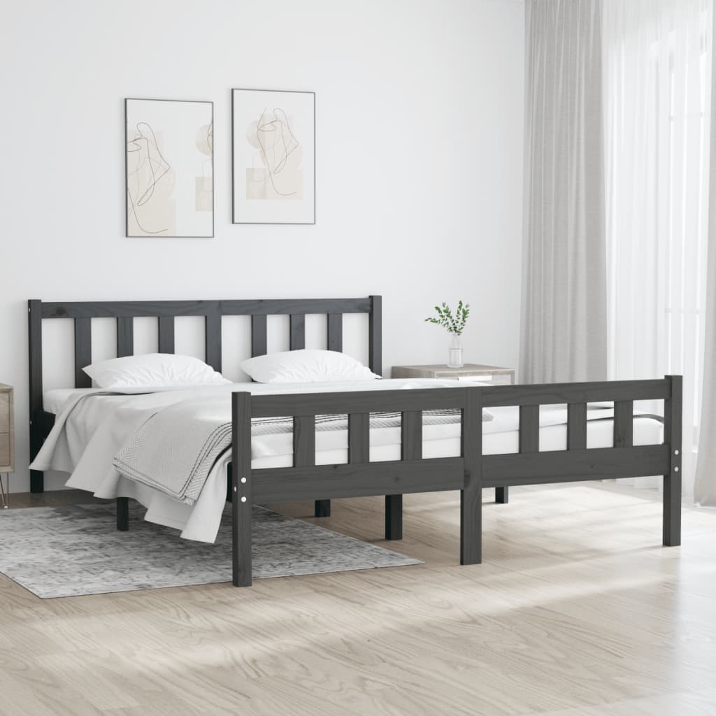 Estrutura de cama casal 135x190 cm madeira maciça cinzento