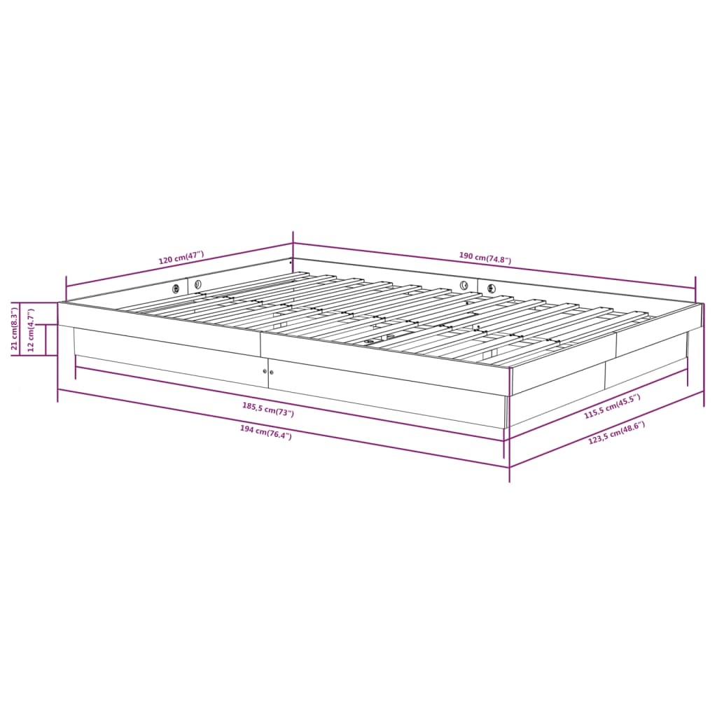 Estrutura cama pequena casal UK 120x190 cm pinho maciço preto