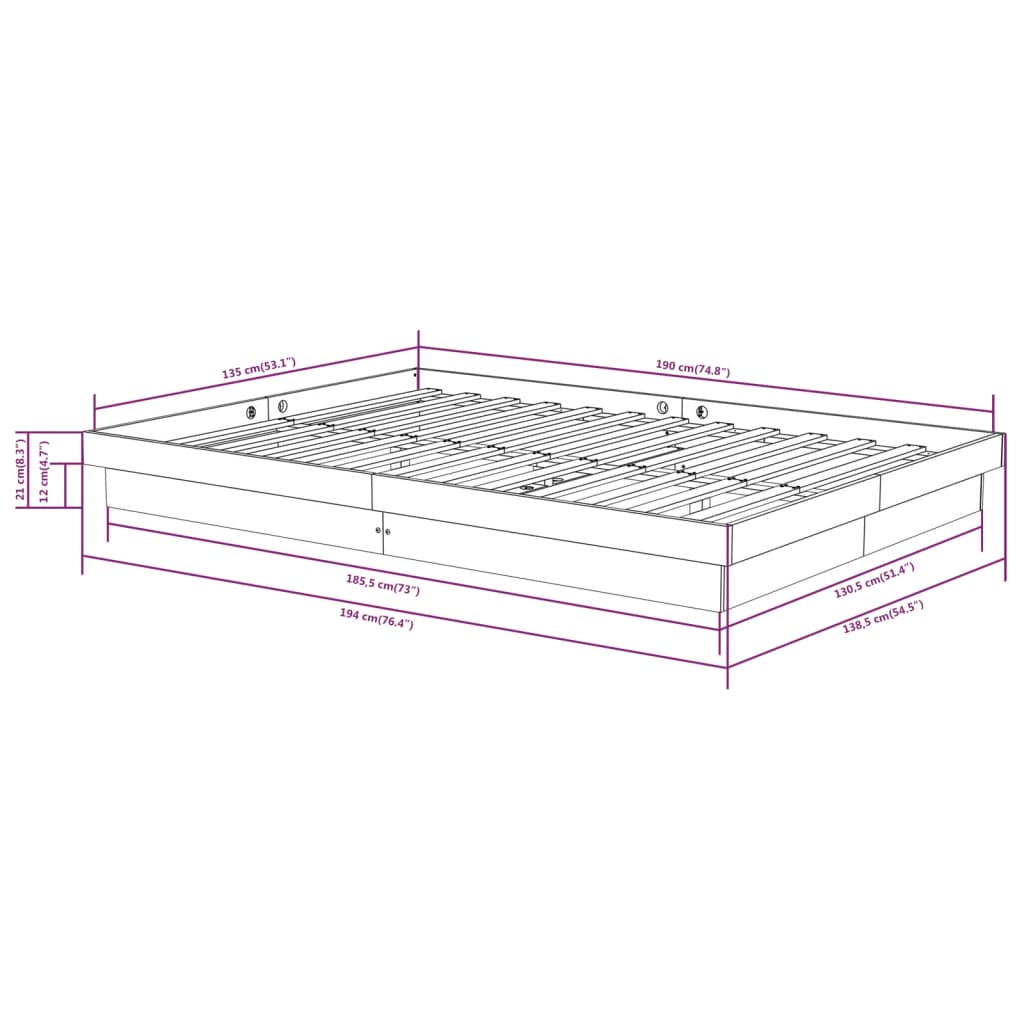 Estrutura de cama casal 135x190 cm madeira maciça cinzento