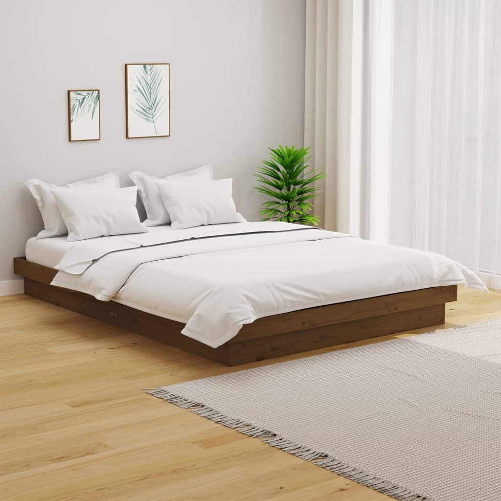 Estrutura de cama casal 135x190 cm madeira maciça castanho-mel