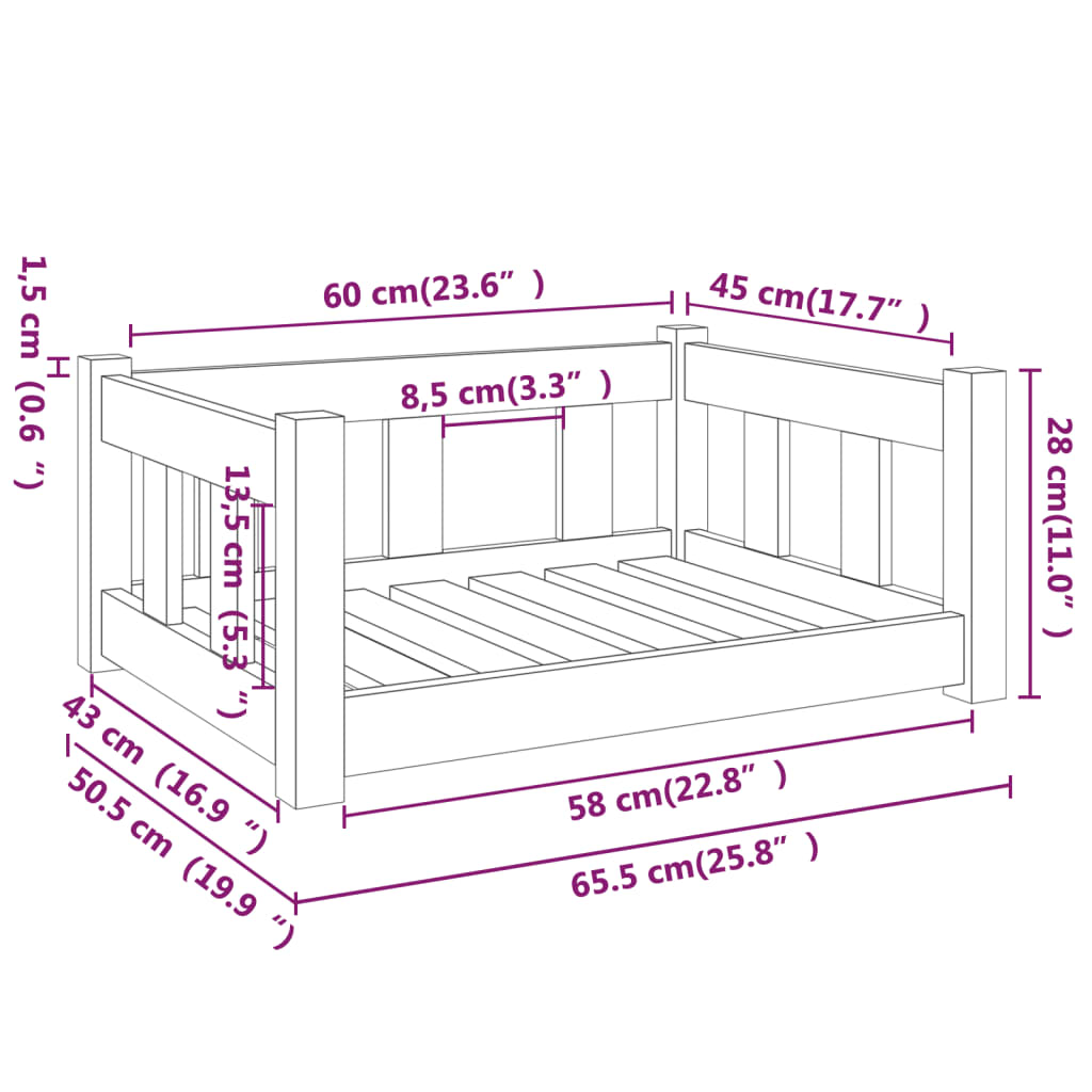 Cama para cães 65,5x50,5x28 cm madeira de pinho preto