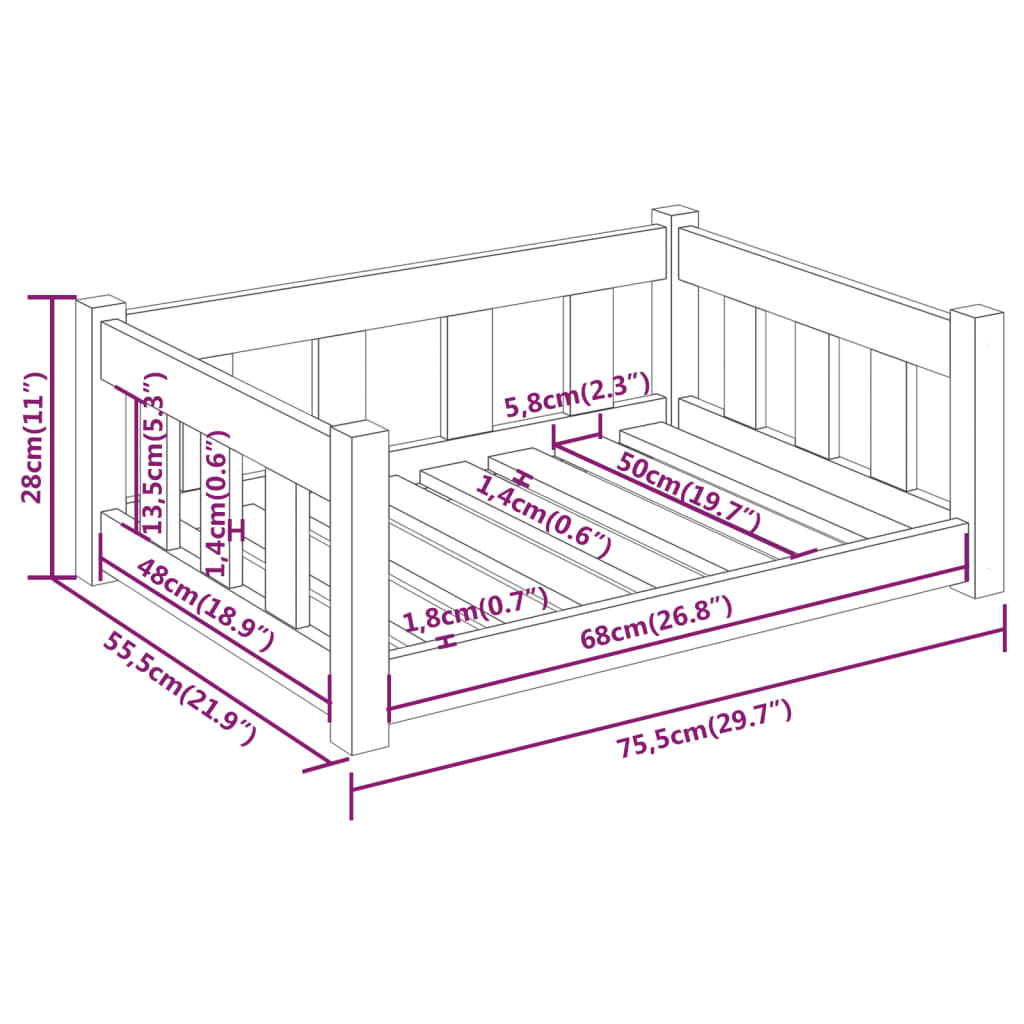 Cama para cães75,5x55,5x28cm madeirade pinho maciça castanhomel