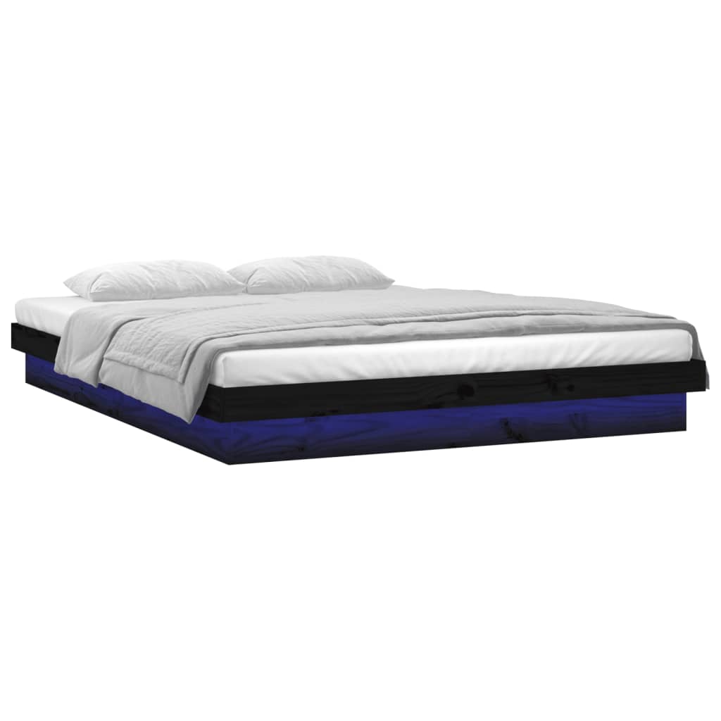 Estrutura cama casal c/ LEDs 135x190 cm madeira maciça preto