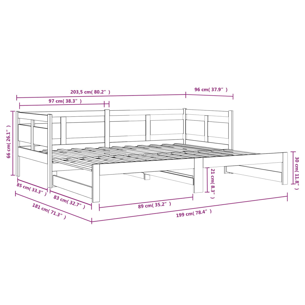 Estrutura sofá-cama de puxar 2x(90x200) cm madeira pinho maciça