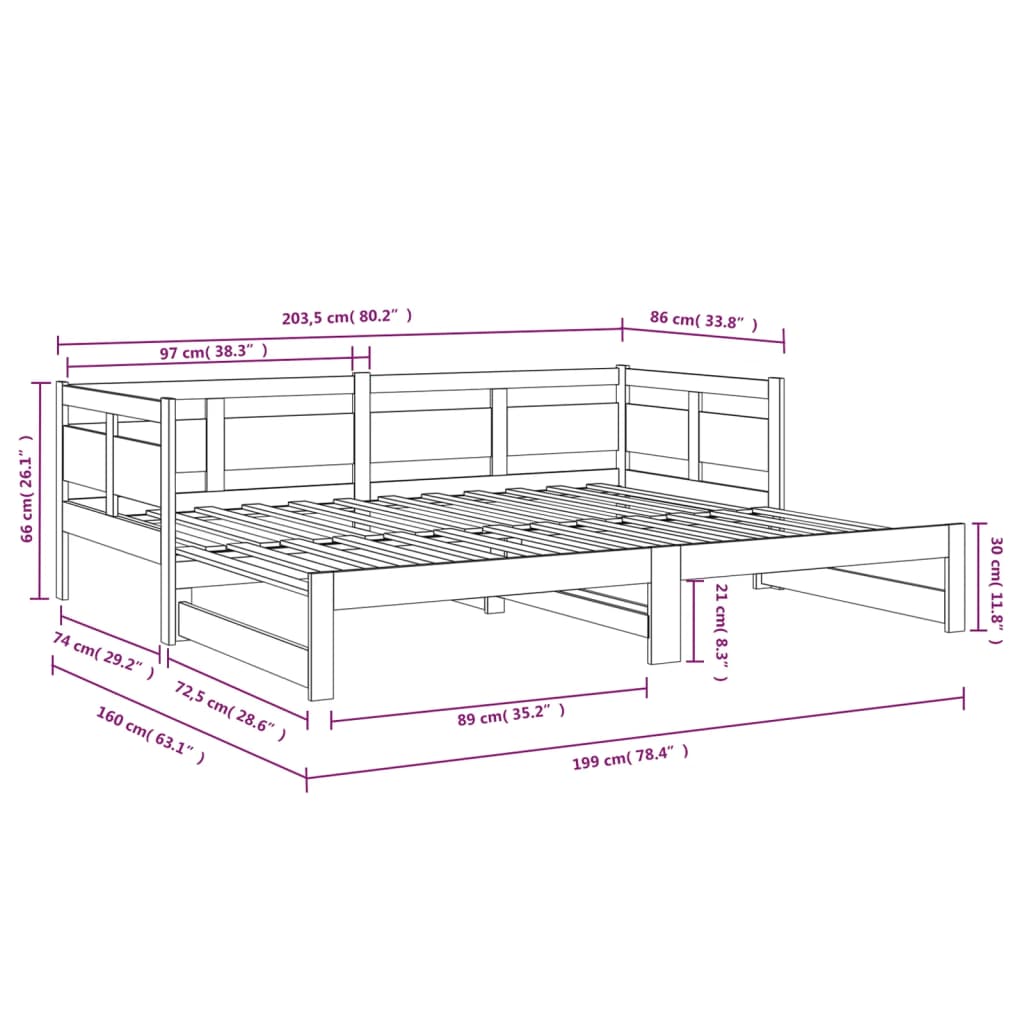 Estrutura sofá-cama de puxar 2x(80x200) cm pinho maciço branco