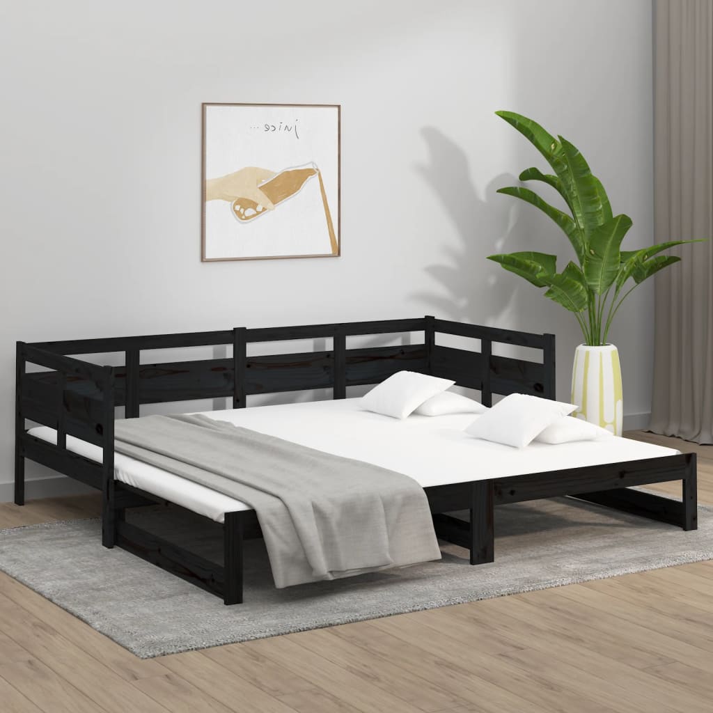 Sofá-cama de puxar pinho maciço preto 2x(80x200) cm