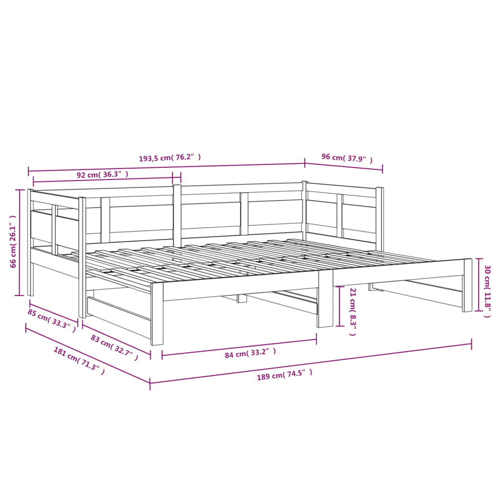 Sofá-cama de puxar pinho maciço 2x(90x190) cm