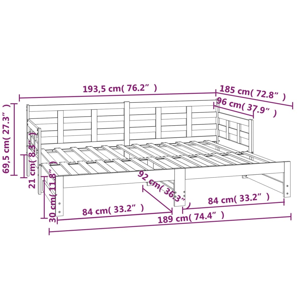 Sofá-cama de puxar pinho maciço 2x(90x190) cm