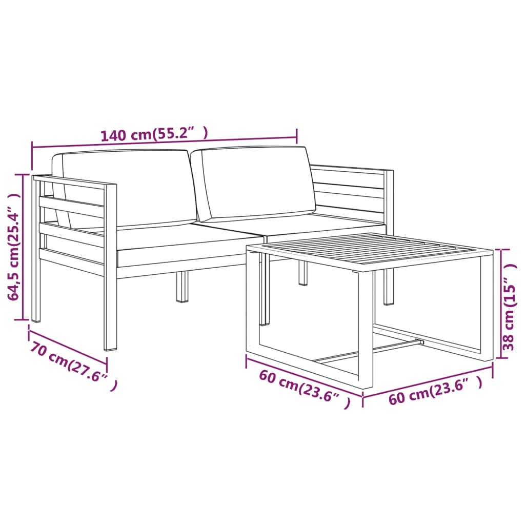 3 pcs conjunto lounge jardim com almofadões alumínio antracite