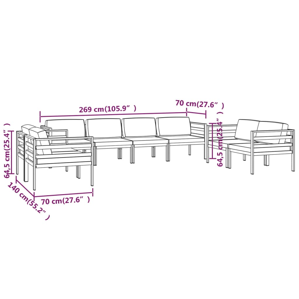 8 pcs conjunto lounge jardim com almofadões alumínio antracite