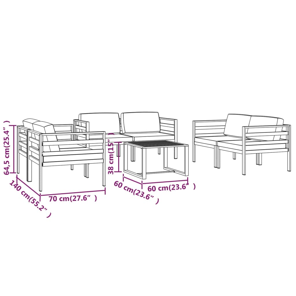 7 pcs conjunto lounge jardim com almofadões alumínio antracite