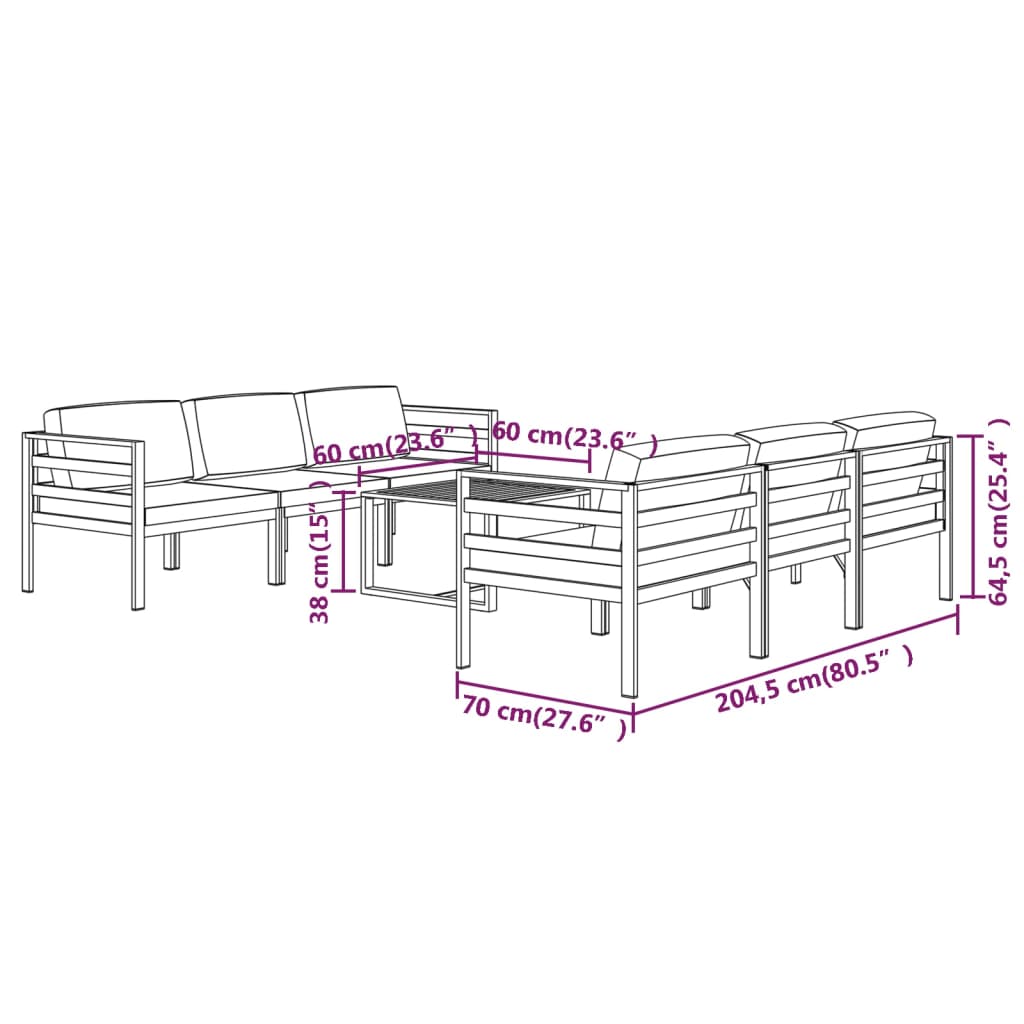 7 pcs conjunto lounge jardim com almofadões alumínio antracite