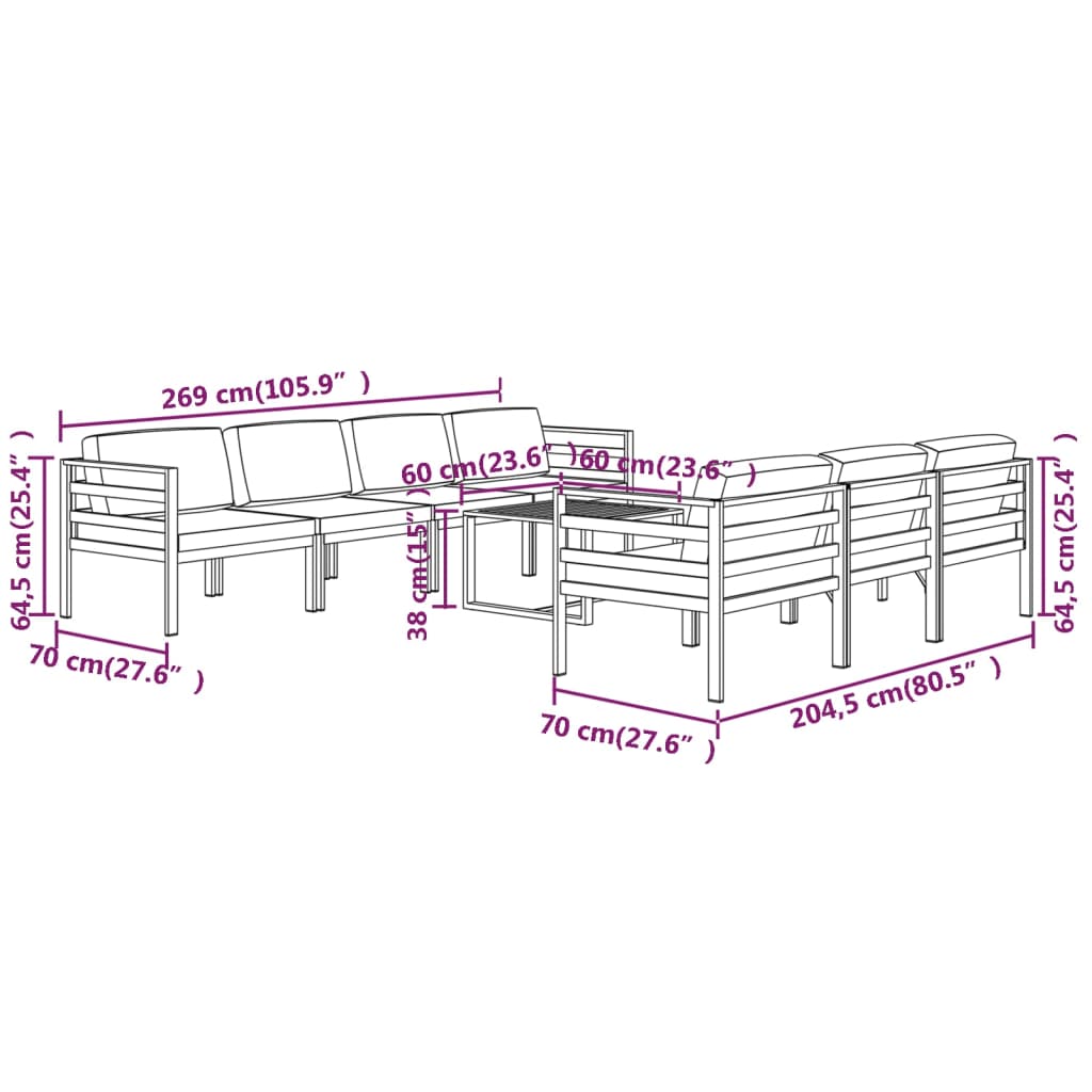 8 pcs conjunto lounge jardim com almofadões alumínio antracite