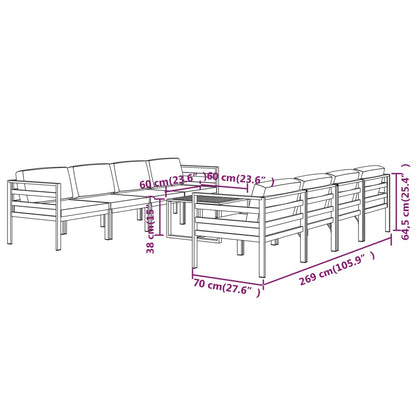 9 pcs conjunto lounge jardim com almofadões alumínio antracite