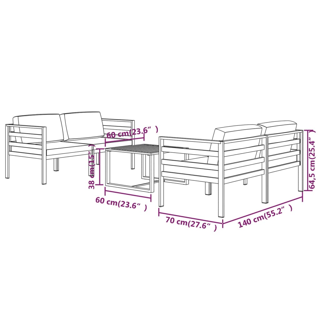 5 pcs conjunto lounge jardim com almofadões alumínio antracite