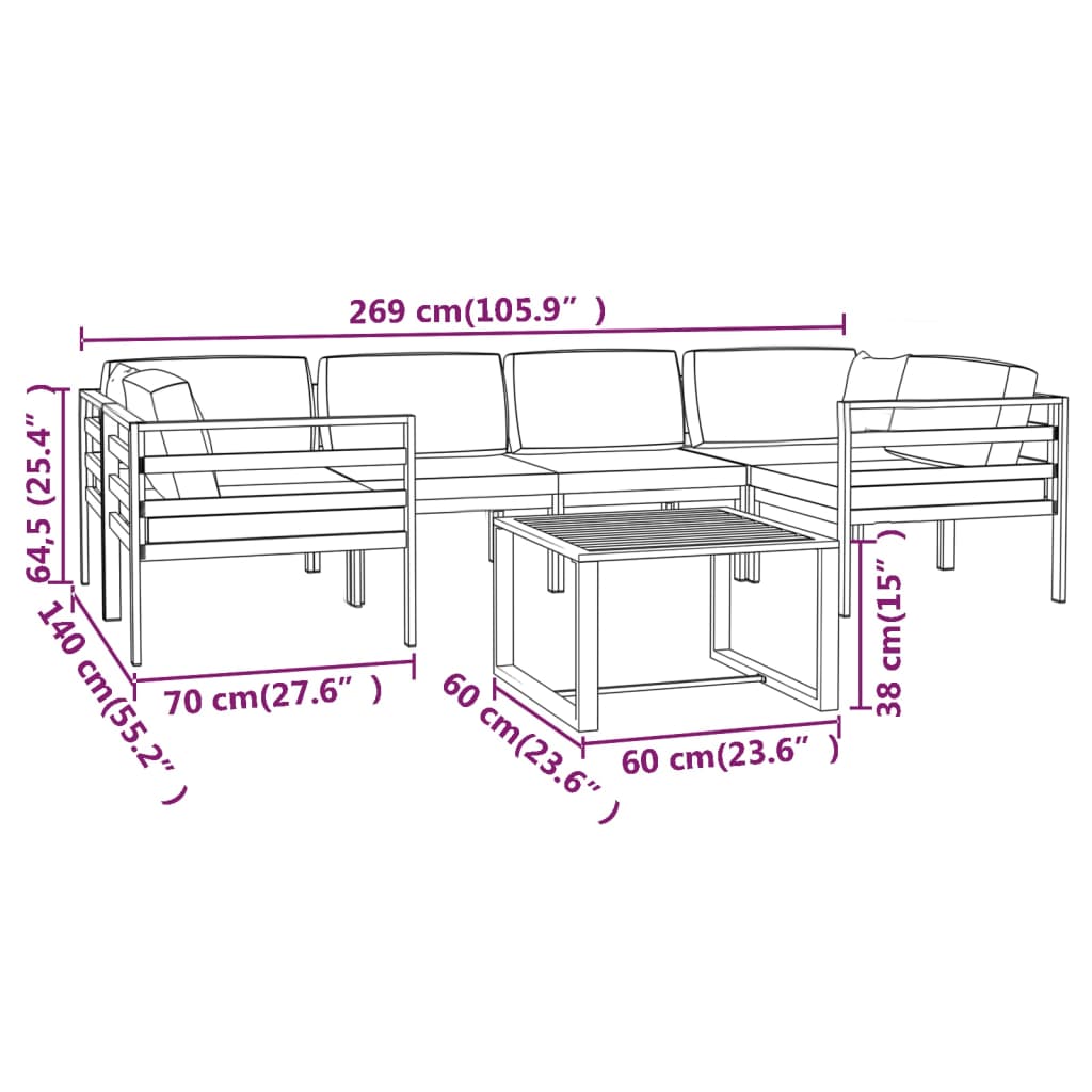 7 pcs conjunto lounge jardim com almofadões alumínio antracite