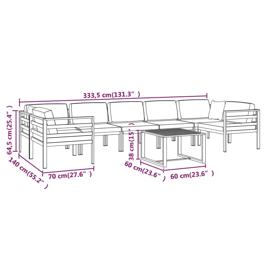 8 pcs conjunto lounge jardim com almofadões alumínio antracite