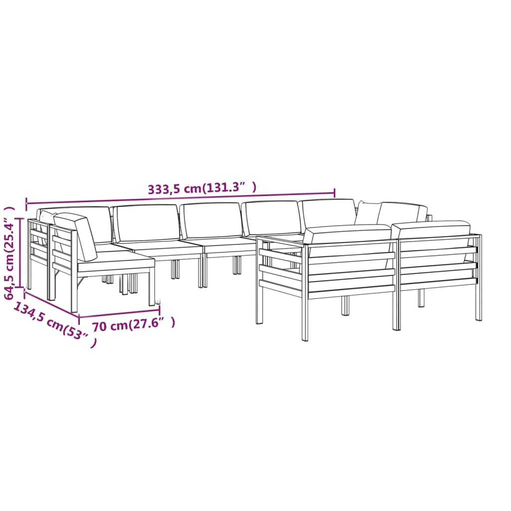 9 pcs conjunto lounge jardim com almofadões alumínio antracite