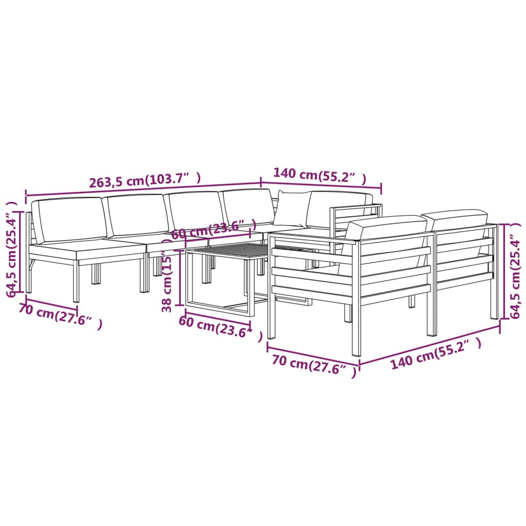 8 pcs conjunto lounge jardim com almofadões alumínio antracite