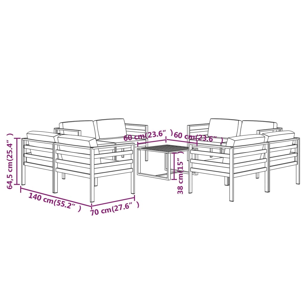 9 pcs conjunto lounge jardim com almofadões alumínio antracite