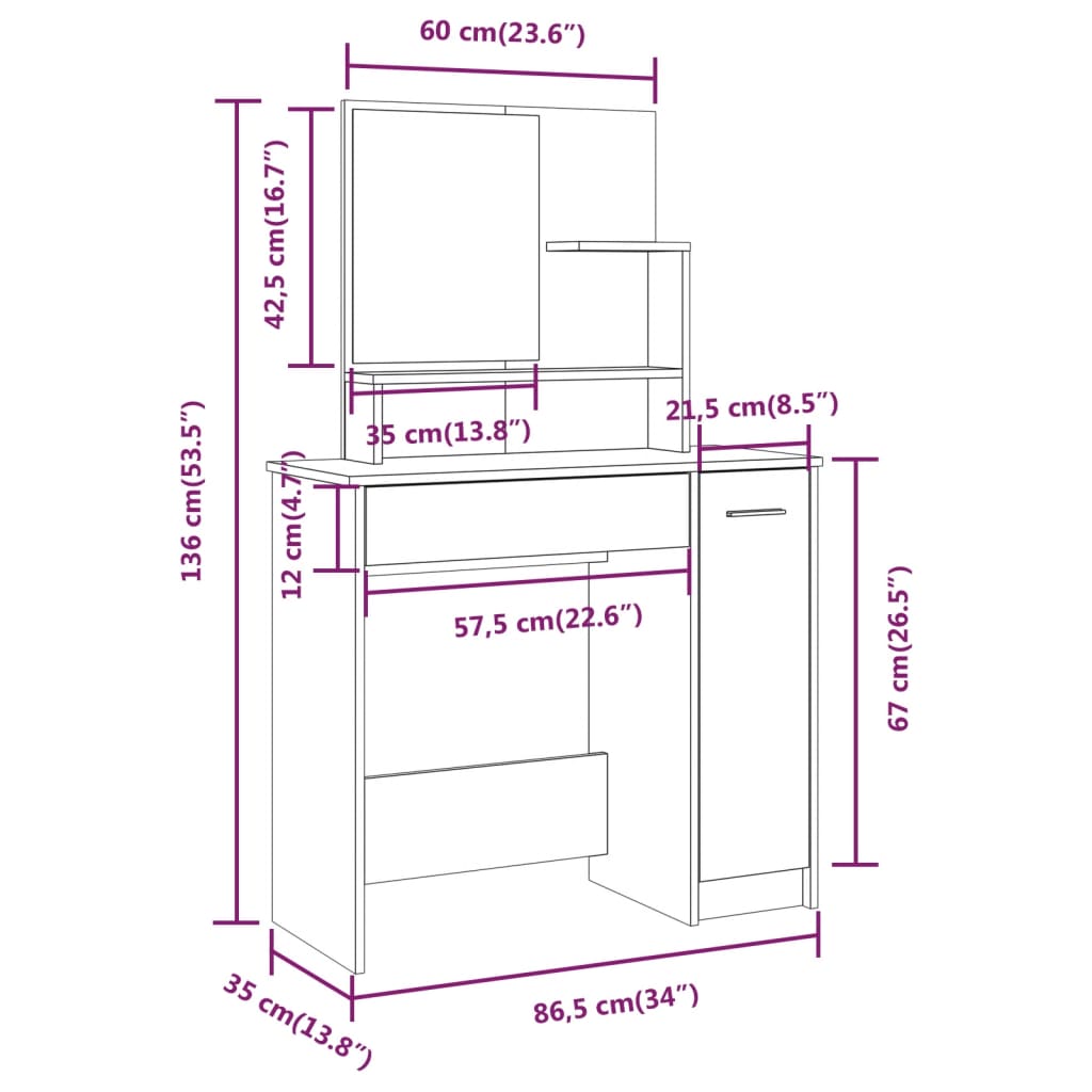 Toucador com espelho 86,5x35x136 cm cor branco