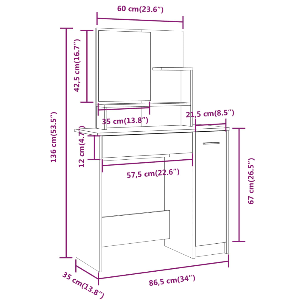 Toucador com espelho 86,5x35x136 cm branco brilhante