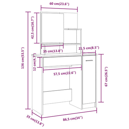 Toucador com espelho 86,5x35x136 cm branco brilhante