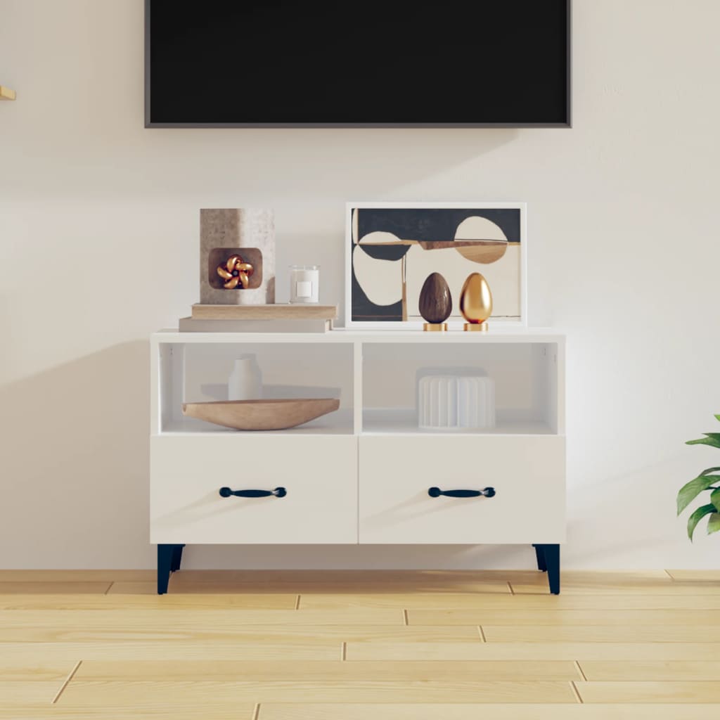 Móvel de TV Calibro com 2 Gavetas e Prateleiras de 80 cm - Branco Brilhante - Design Moderno