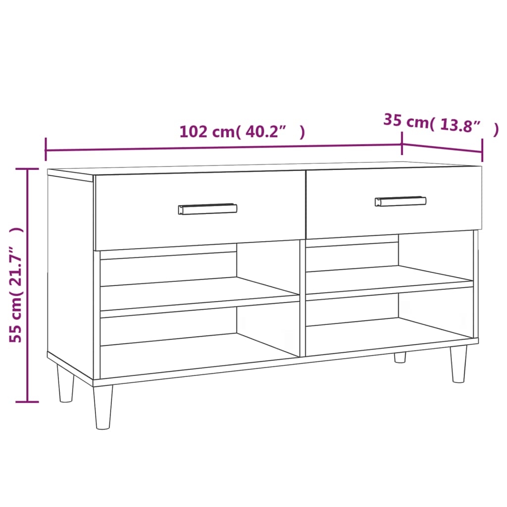 Sapateira Galván - Com 2 Gavetas e 4 Compartimentos - Cor Branco Brilhante - 102x35x55 cm -  Derivados de Madeira - Design Nórdico