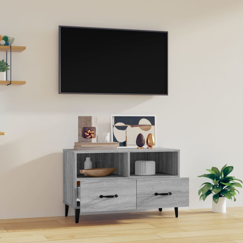 Móvel de TV Calibro com 2 Gavetas e Prateleiras de 80 cm - Cinzento Sonoma - Design Moderno