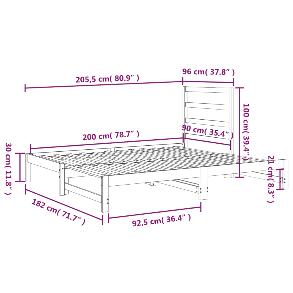 Sofá-cama de puxar 2x(90x200) cm madeira de pinho maciça