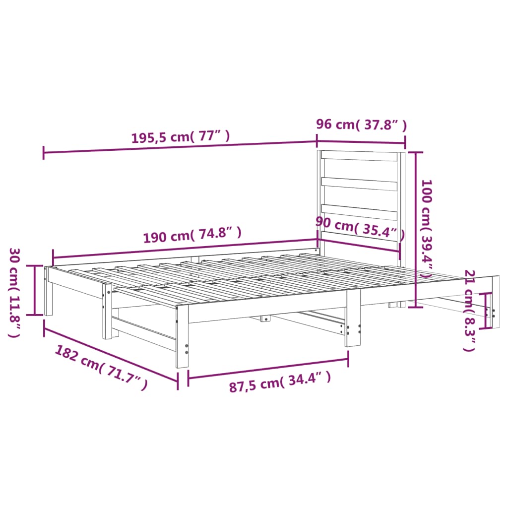 Estrutura sofá-cama de puxar 2x(90x190) cm pinho maciço