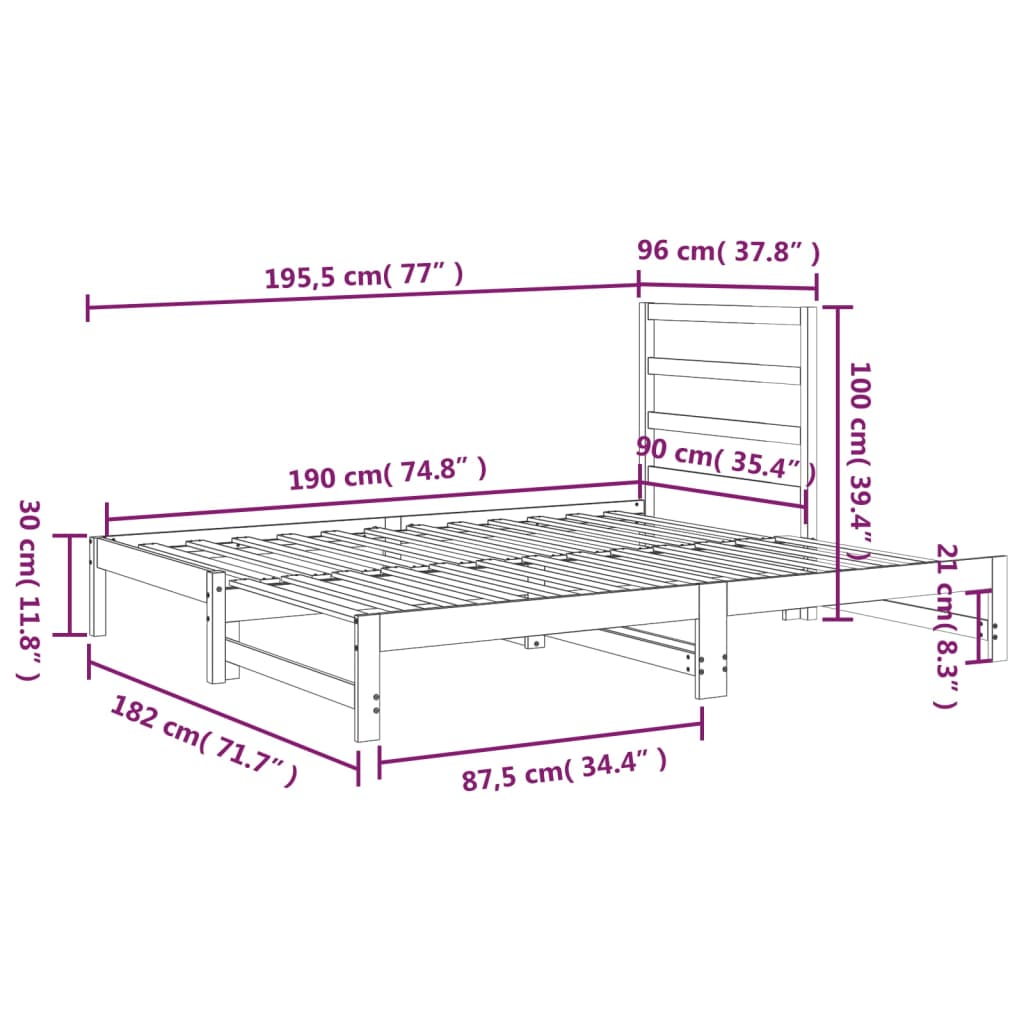 Estrutura sofá-cama de puxar 2x(90x190) cm pinho maciço branco