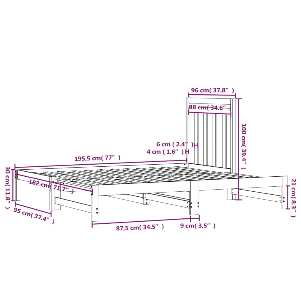 Estrutura sofá-cama de puxar 2x(90x190) cm pinho maciço preto