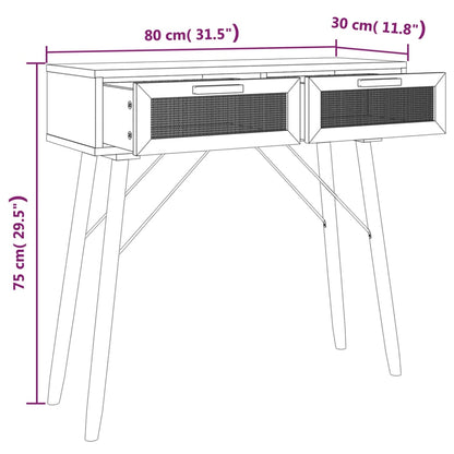 Consola de Entrada Fracesca - 80x30x75 cm -  Pinho Maciço e Vime Natural - Cor Branco - Design Natura