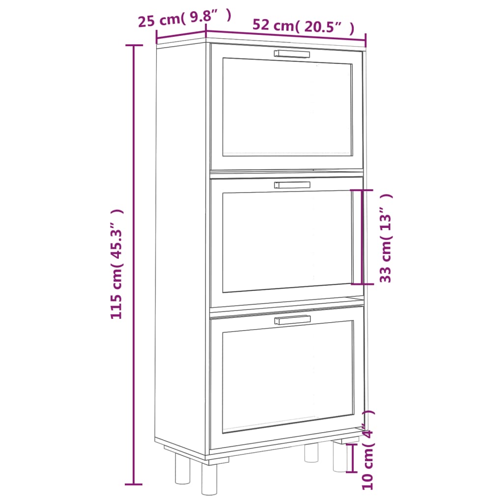 Sapateira Elsie - Com 3 Compartimentos - Cor Castanho - 52x25x115 cm - Derivados de madeira e Vime Natural - Design Escandinavo