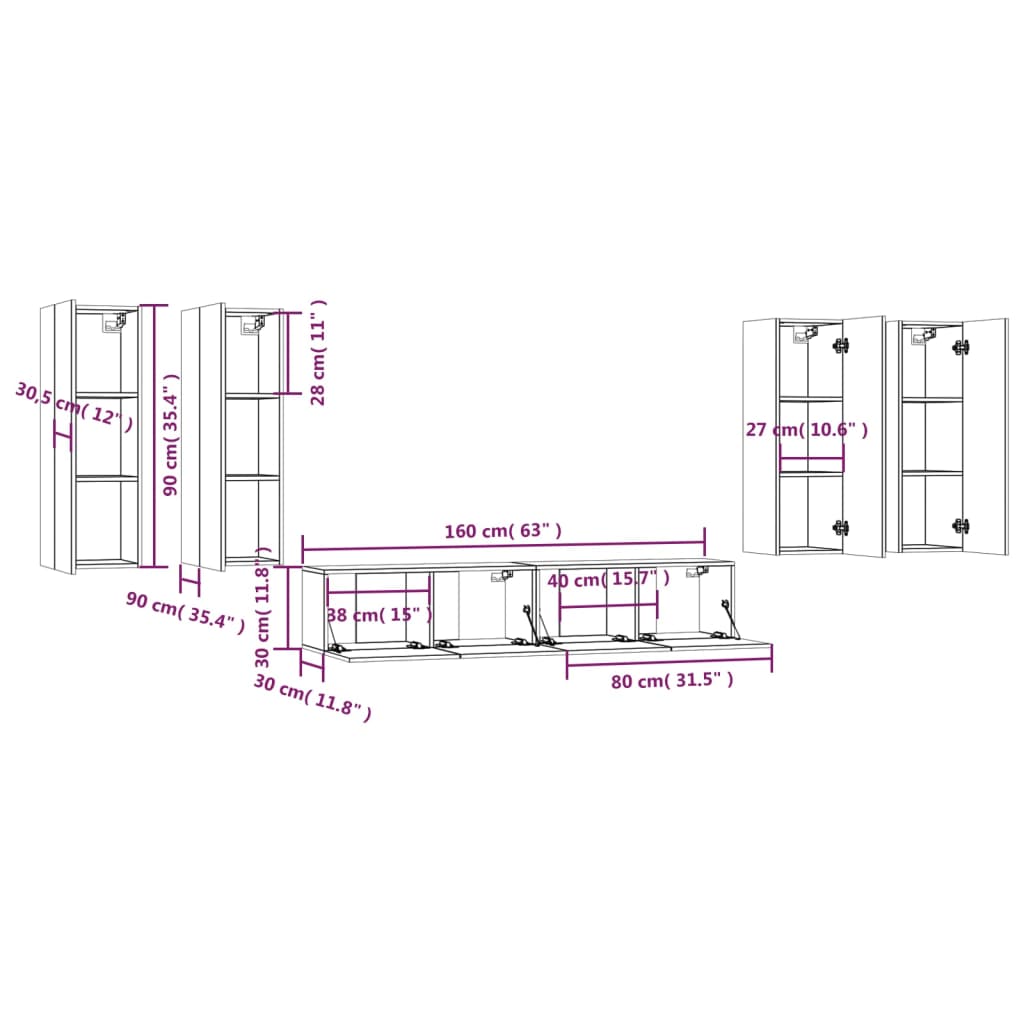 Conjunto móveis de TV 6 pcs madeira processada branco