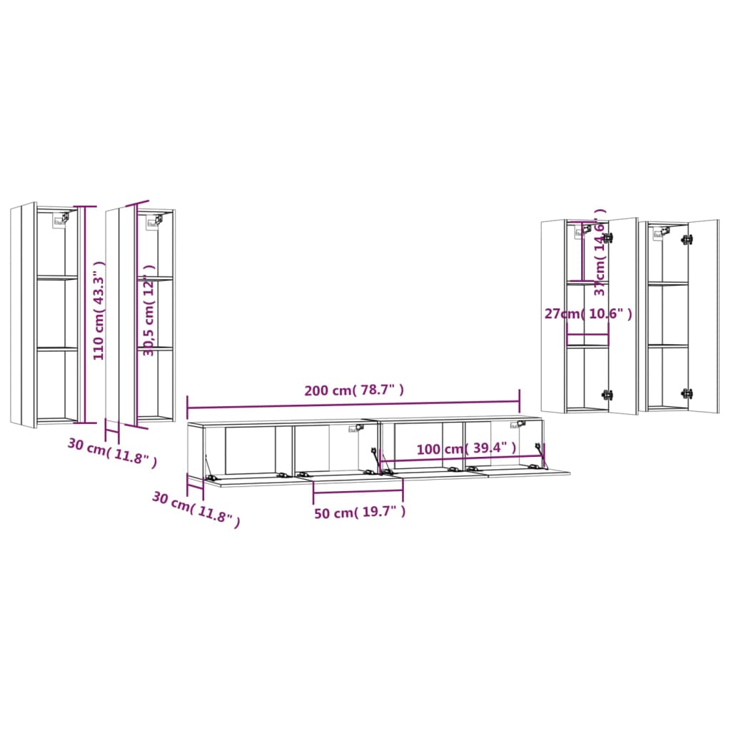 6 pcs conjunto móveis de TV madeira processada branco brilhante