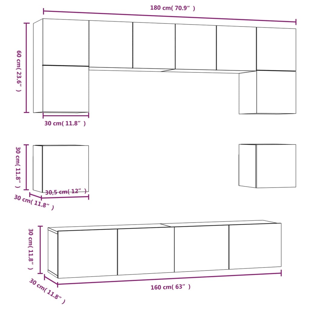 Conjunto móveis de TV 8 pcs madeira processada cinzento cimento