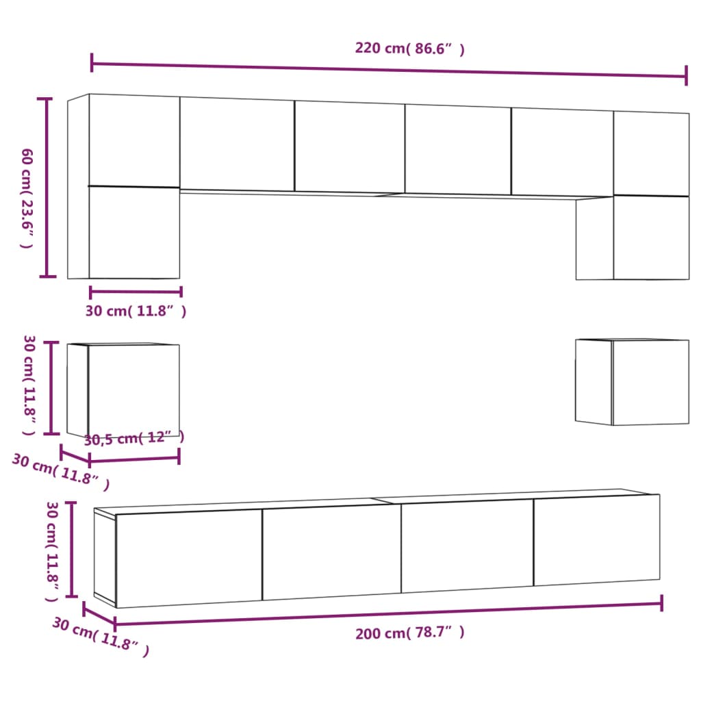 Conjunto móveis de TV 8 pcs madeira processada preto