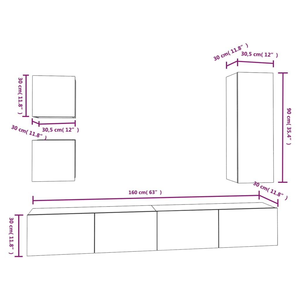 Conjunto móveis de TV 5 pcs madeira processada branco