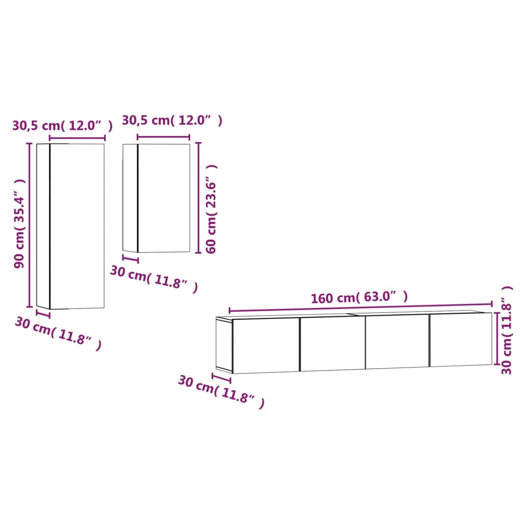 4 pcs conjunto de móveis de TV derivados de madeira branco