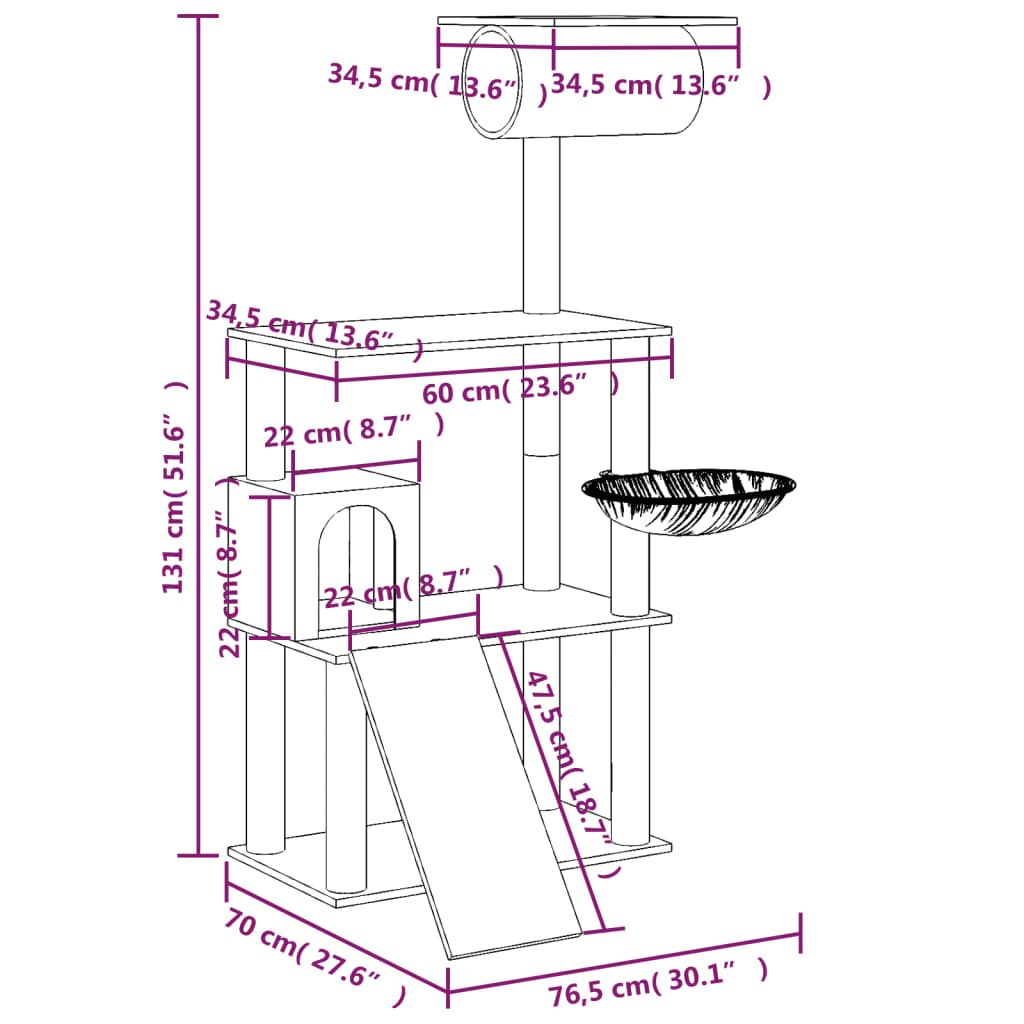 Árvore p/ gatos c/ postes arranhadores sisal 131 cm cinza-claro