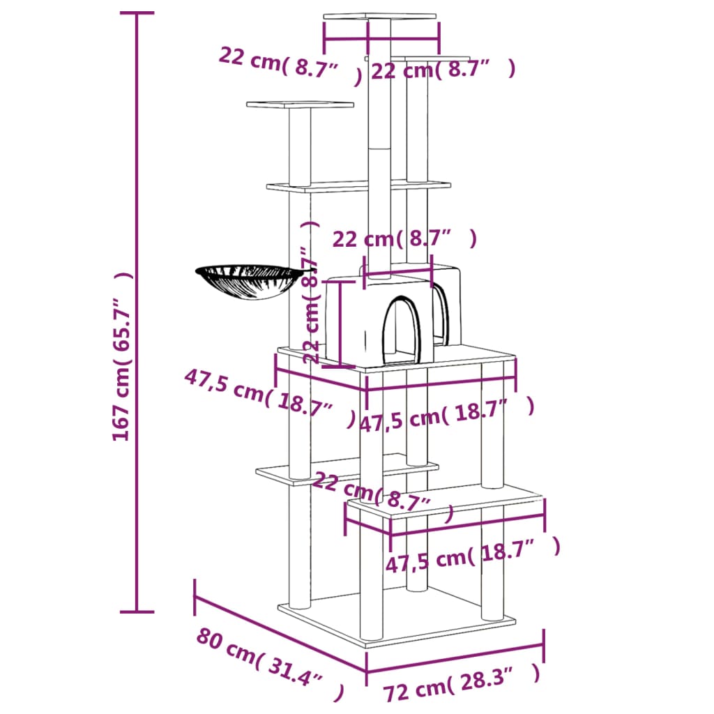 Árvore p/ gatos c/ postes arranhadores sisal 167 cm cinza-claro