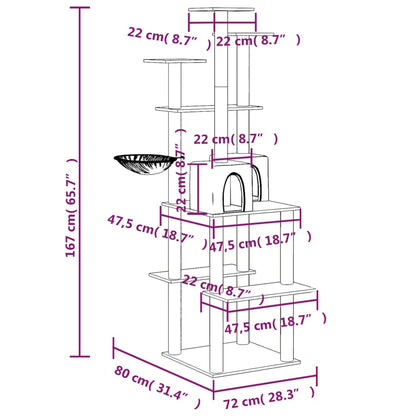 Árvore p/ gatos c/ postes arranhadores sisal 167 cm cinza-claro