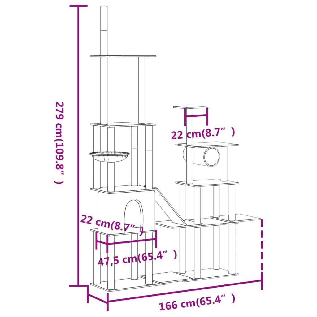 Arvore Arranhador com Postes em Sisal para Gatos de 279 cm - Cinzento Escuro