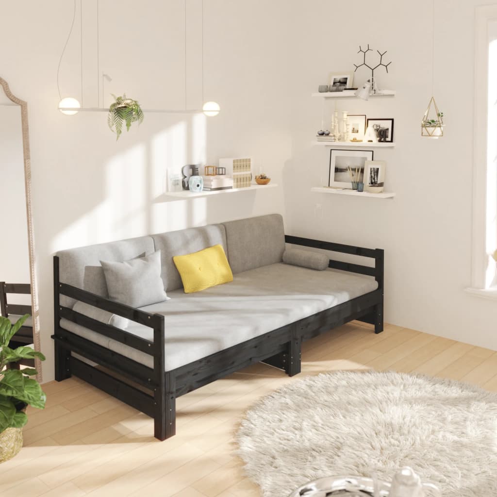 Estrutura sofá-cama de puxar 2x(90x190) cm pinho maciço preto