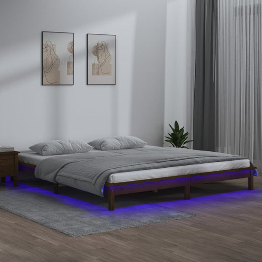 Estrutura de cama c/ LEDs 140x200cm madeira maciça castanho mel