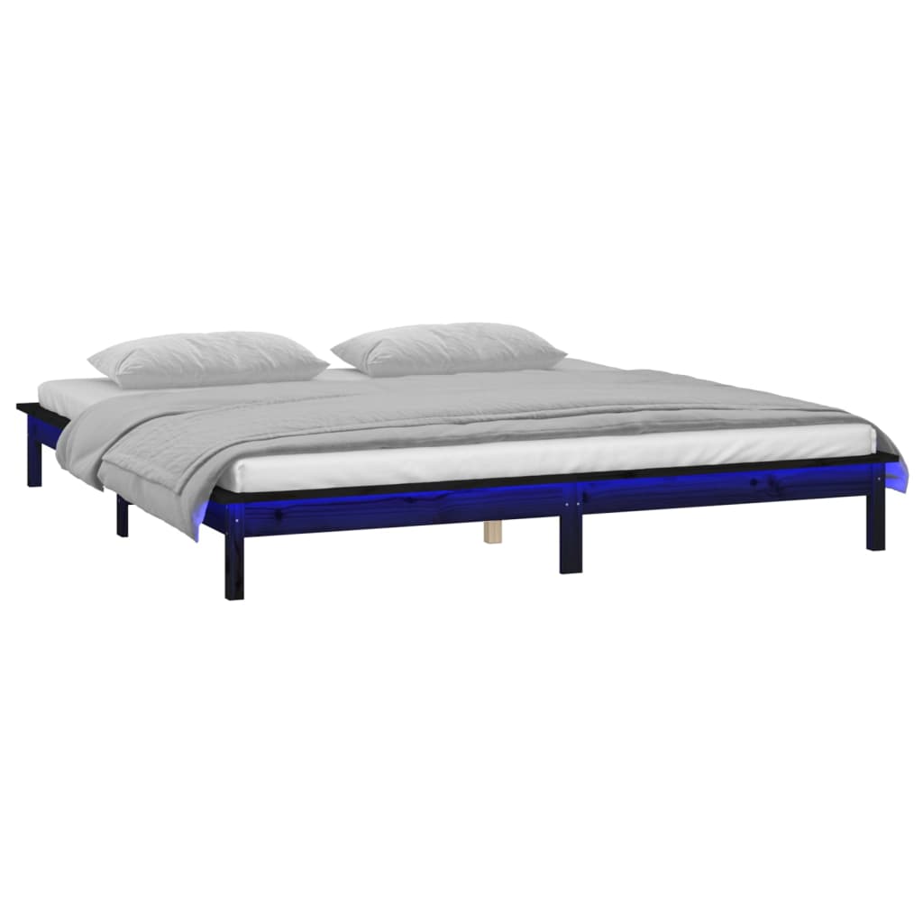 Estrutura cama king c/ LEDs 150x200 cm madeira maciça preto