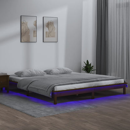 Estrutura de cama c/ LEDs 160x200cm madeira maciça castanho mel